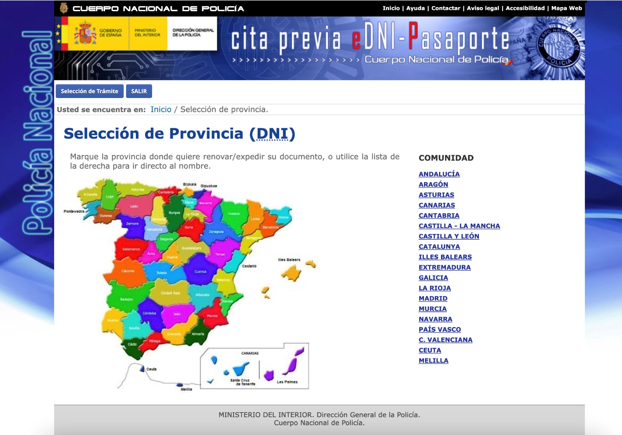 Selección provincia cita previa renovación DNI