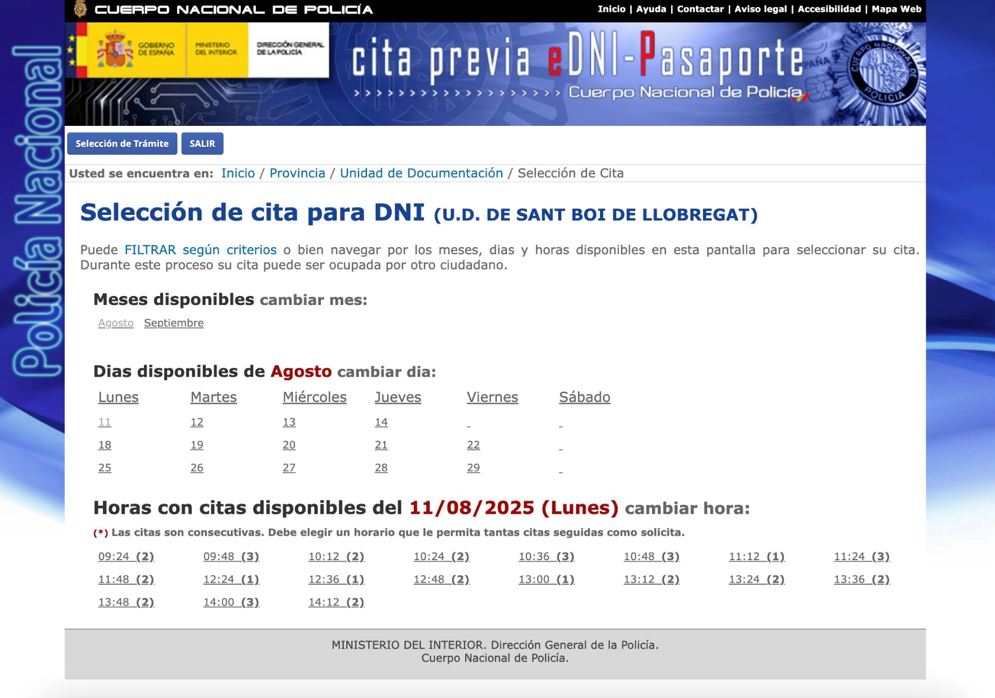 Seleccionar fecha y hora renovación DNI