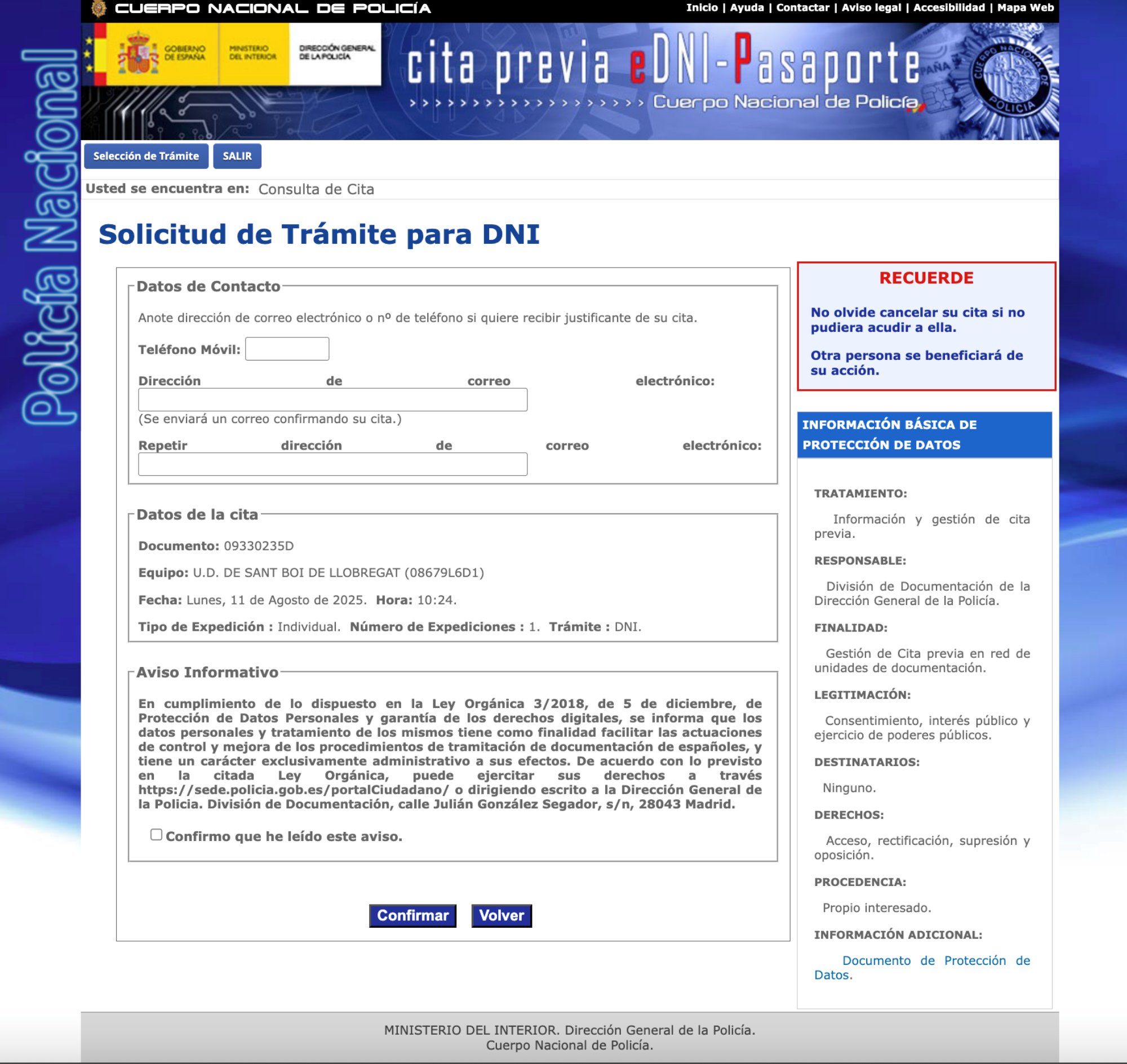 Confirmación cita previa DNI